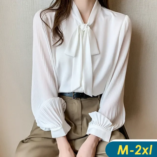 【CHACO】/預購/女春秋 白色蝴蝶繫帶領壓褶燈籠長袖雪紡OL襯杉上衣#5061(白色 上衣 襯衫 女 職場 春秋)