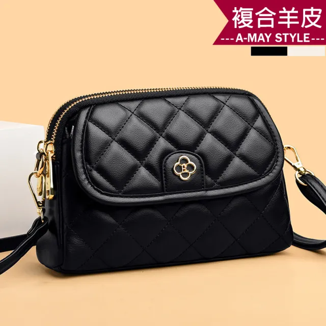 【Amay Style 艾美時尚】真皮女包 斜背包 小方包 時尚小香風菱格紋羊皮側背貝殼包(2色.預購)