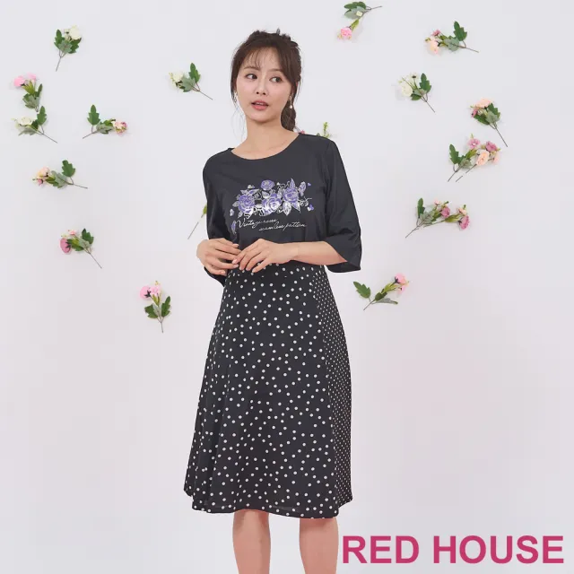 【RED HOUSE 蕾赫斯】大小圓點拼接及膝裙(黑色)