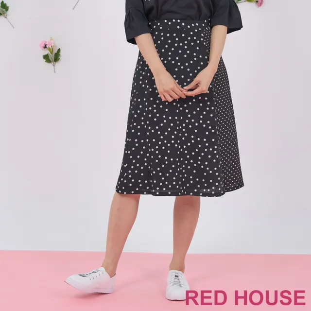 【RED HOUSE 蕾赫斯】大小圓點拼接及膝裙(黑色)