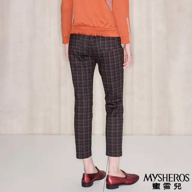 【MYSHEROS 蜜雪兒】造型休閒褲 前釦拉鍊後鬆緊 撞色葛倫格紋(咖啡)