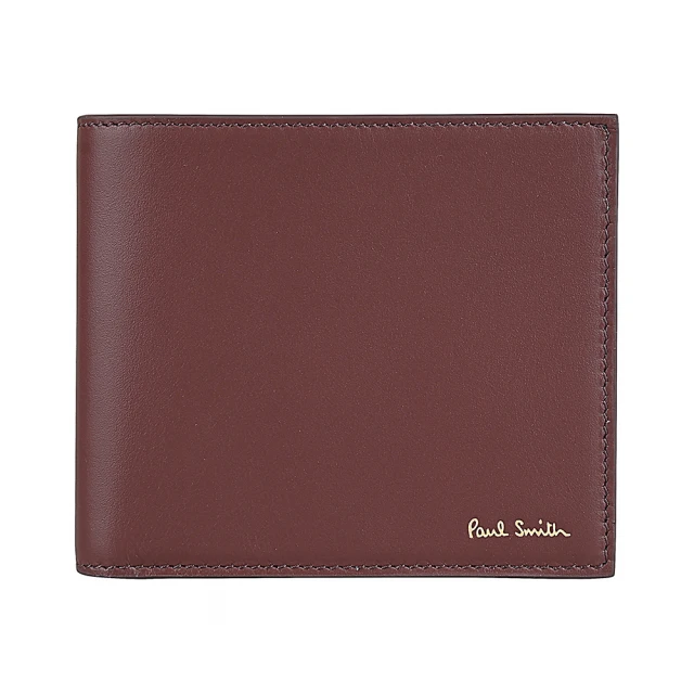 Paul Smith PAUL SMITH金箔LOGO小牛皮結合小羊皮4卡對開零錢短夾(酒紅x內彩條紋)