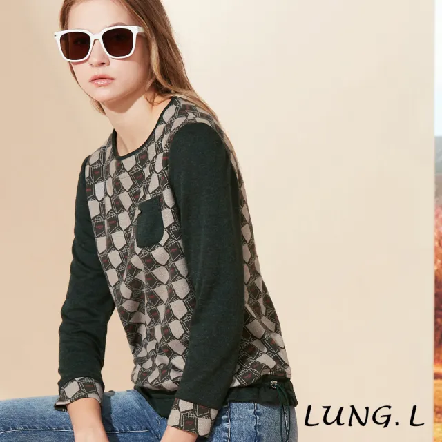 【LUNG.L 林佳樺】LQ48A綠色素面拼接格紋印花長袖女裝上衣(秋冬新品)