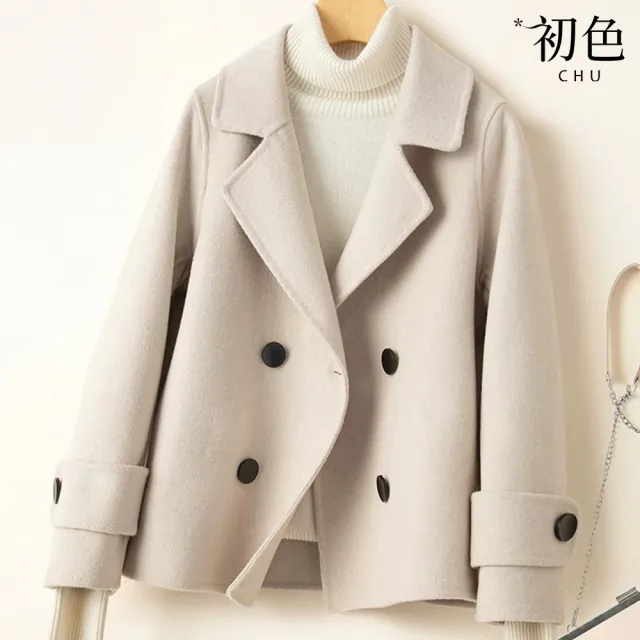 【初色】赫本風韓版純色雙排扣西裝領毛呢大衣外套女外套-共4色-38507(M-2XL可選)