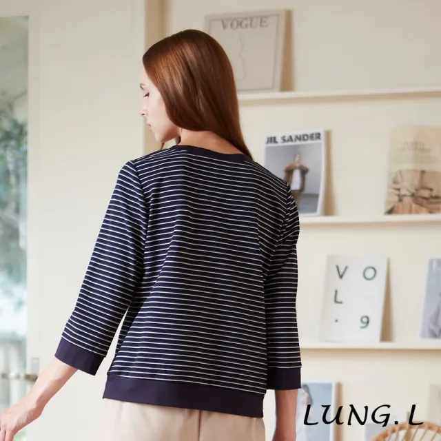 【LUNG.L 林佳樺】LQ69A藍色條紋拼接素色七分袖女裝上衣(秋冬新品)