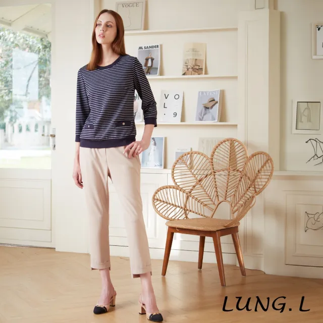 【LUNG.L 林佳樺】LQ69A藍色條紋拼接素色七分袖女裝上衣(秋冬新品)