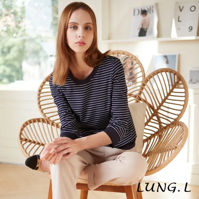 【LUNG.L 林佳樺】LQ69A藍色條紋拼接素色七分袖女裝上衣(秋冬新品)