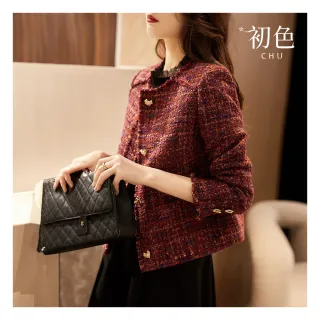 【初色】小香風粗花毛呢編織圓領愛心排扣長袖短款休閒外套女外套-紅色-32132(M-2XL可選)