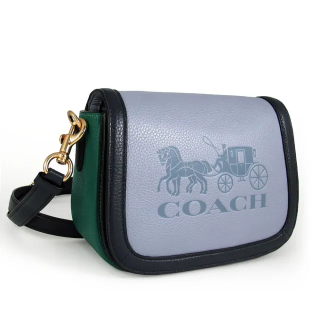 【COACH】壓印大馬車LOGO撞色皮革翻蓋斜背包(綠/藍色)