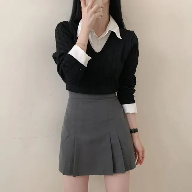 【D.studio】韓版學院風假兩件針織上衣(毛衣長袖上衣女裝衣服長袖t恤保暖上衣冬裝發熱衣襯衫  W467)