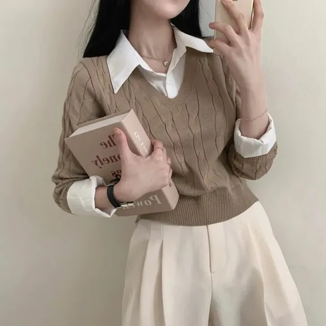 【D.studio】韓版學院風假兩件針織上衣(毛衣長袖上衣女裝衣服長袖t恤保暖上衣冬裝發熱衣襯衫  W467)