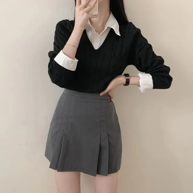 【D.studio】韓版學院風假兩件針織上衣(毛衣長袖上衣女裝衣服長袖t恤保暖上衣冬裝發熱衣襯衫  W467)