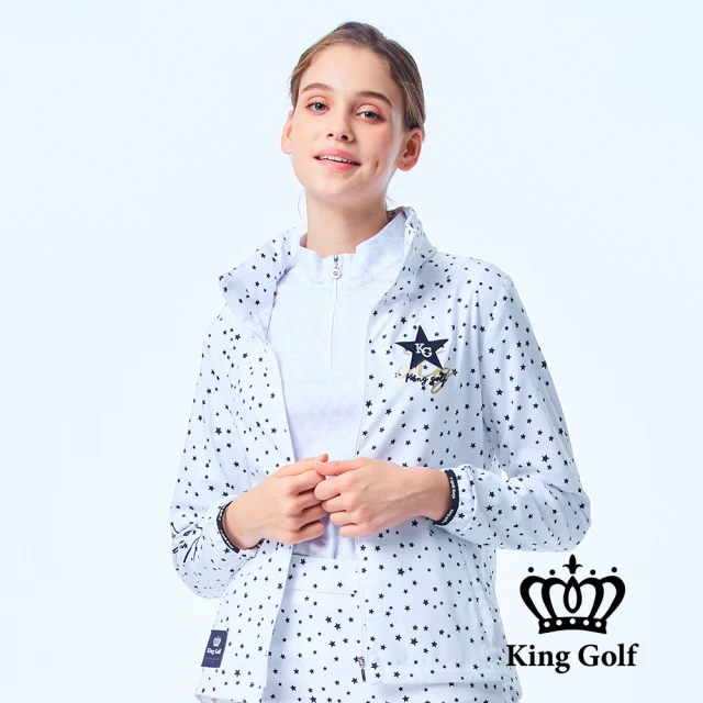 KING GOLF 實體同步-女款滿版星星印花薄款立領拉鍊高爾夫球可收連帽夾克外套(白色)