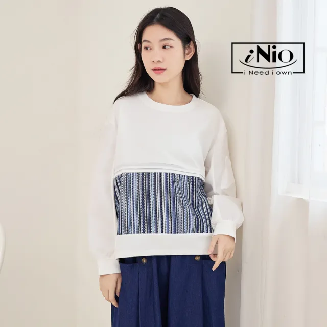 【iNio 衣著美學】長袖上衣 秋冬新品 現貨 條紋拼接 圓領 長袖棉T(CDW1745)