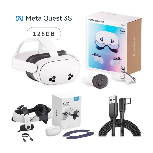 Meta Quest Quest 3S VR 128GB 頭戴式裝置 混合實境+M3 Pro電池頭戴+傳輸線