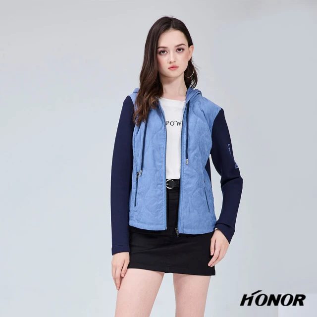 HONOR 山形屋 撞色拉鍊口袋拼接連帽外套-藍