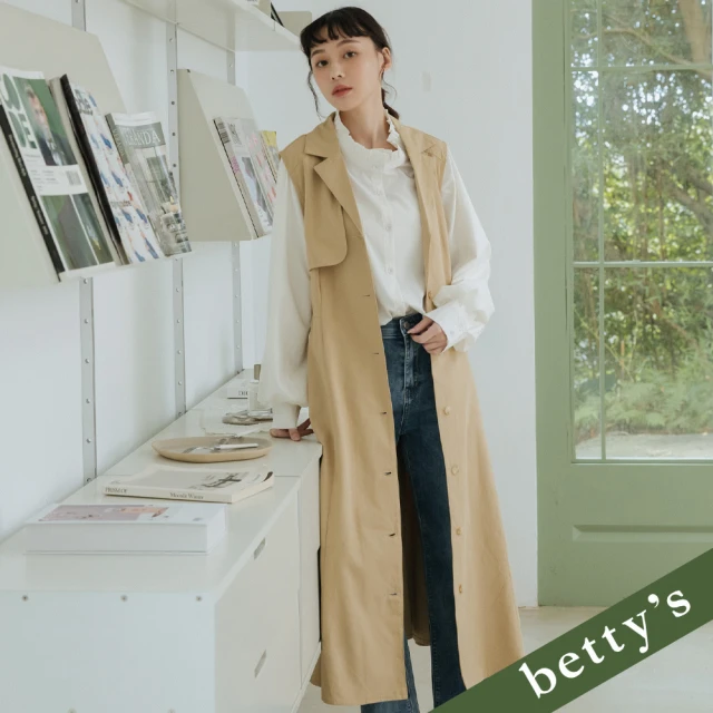 betty’s 貝蒂思 翻領腰帶單排釦無袖洋裝(卡其)