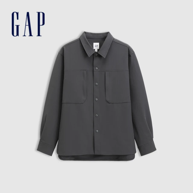 GAP 男裝 Logo翻領長袖襯衫-深灰色(678493)