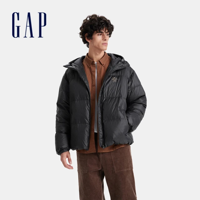 GAP 男裝 Logo印花連帽羽絨外套-黑色(680494)