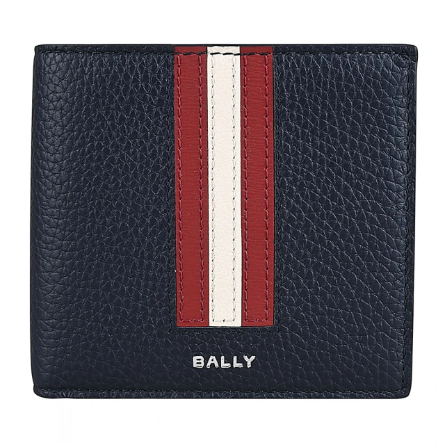 BALLY BALLY 銀字燙印紅白條紋粒面小牛皮8卡短夾(海軍藍)