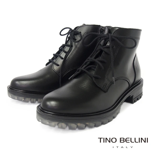 TINO BELLINI 貝里尼 義大利進口牛皮側拉鍊繫帶短筒厚底靴FWNT020A-1(黑)