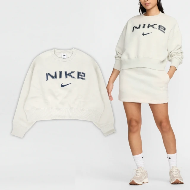 NIKE 耐吉 長袖 NSW Phoenix Fleece 女款 米白 藍 內刷毛 短版 寬鬆 大學T 衛衣(FV7675-104)