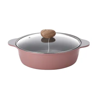 【NEOFLAM】陶瓷鑄造28公分鴛鴦鍋含玻璃蓋-丹麥粉(IH、電磁爐適用/不挑爐具)