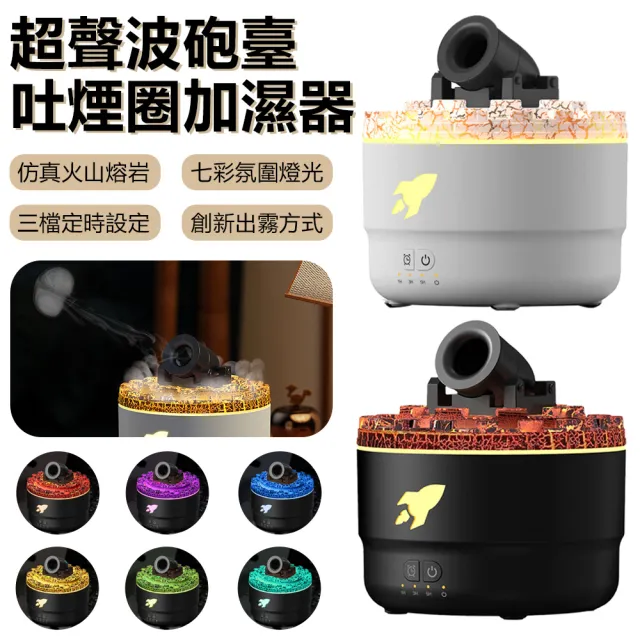 【Nil】仿真火山熔岩裂紋砲臺香薰機 超聲波吐煙圈加濕器 七彩氛圍燈噴霧機 家用小型水氧機 280ml(交換禮物)