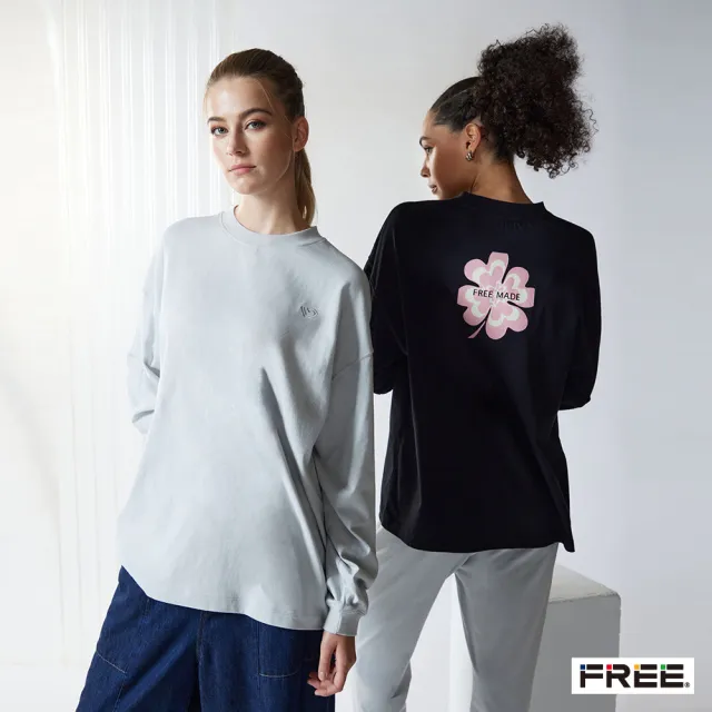 【FREE】MADE.純棉四葉草落肩長版上衣(淺灰/黑色)