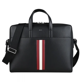 【BALLY】BALLY Mythos銀字燙印紅白條紋塗層皮革手提斜背公事包(黑)