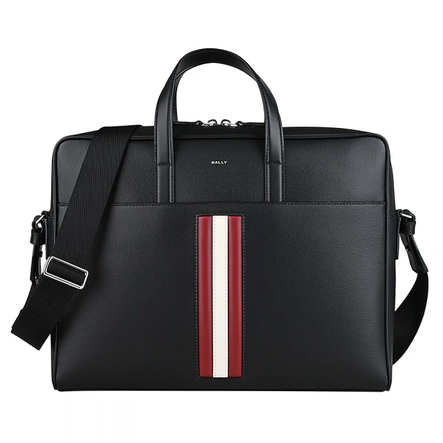 【BALLY】BALLY Mythos銀字燙印紅白條紋塗層皮革手提斜背公事包(黑)