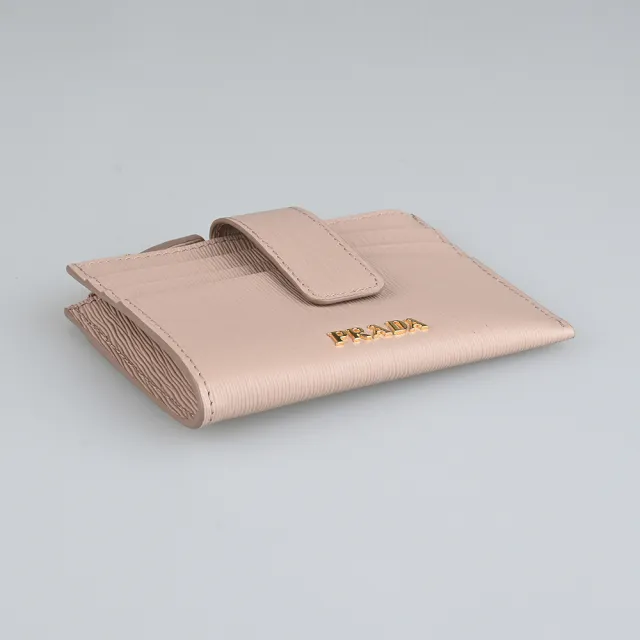 【PRADA 普拉達】PRADA Vitello Move字母LOGO水波紋設計牛皮3卡拉鍊按釦式零錢包(藕粉)