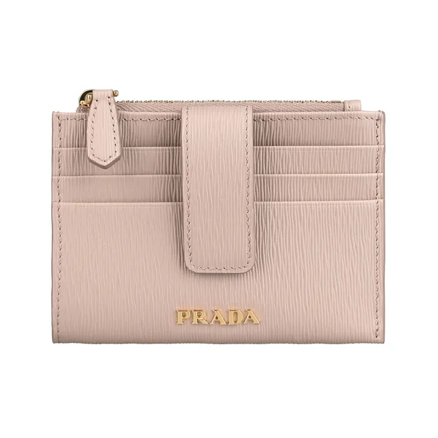 【PRADA 普拉達】PRADA Vitello Move字母LOGO水波紋設計牛皮3卡拉鍊按釦式零錢包(藕粉)