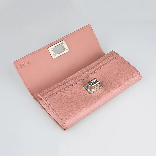 【FURLA 芙拉】FURLA 1927金屬拱門LOGO防刮牛皮10卡翻蓋旋扣式長夾(紅梅粉)