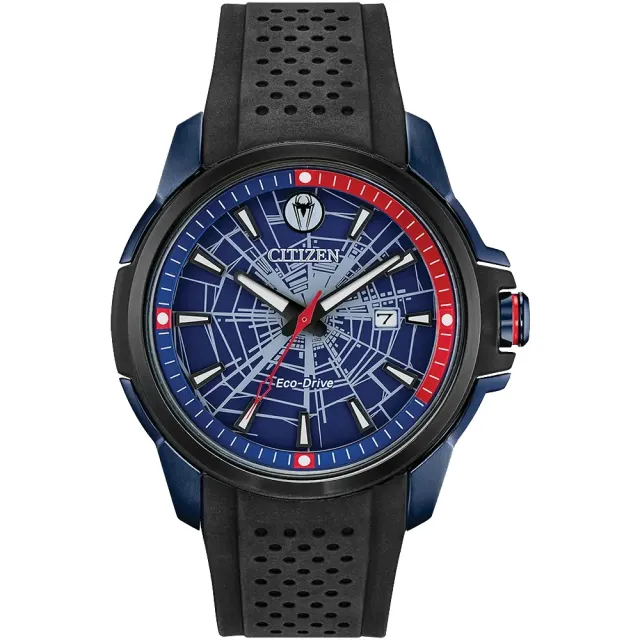 【CITIZEN 星辰】Eco-Drive 光動能 漫威英雄 聯名款蜘蛛人 東尼史塔克 橡膠腕錶 藍黑款(AW1156-01W)