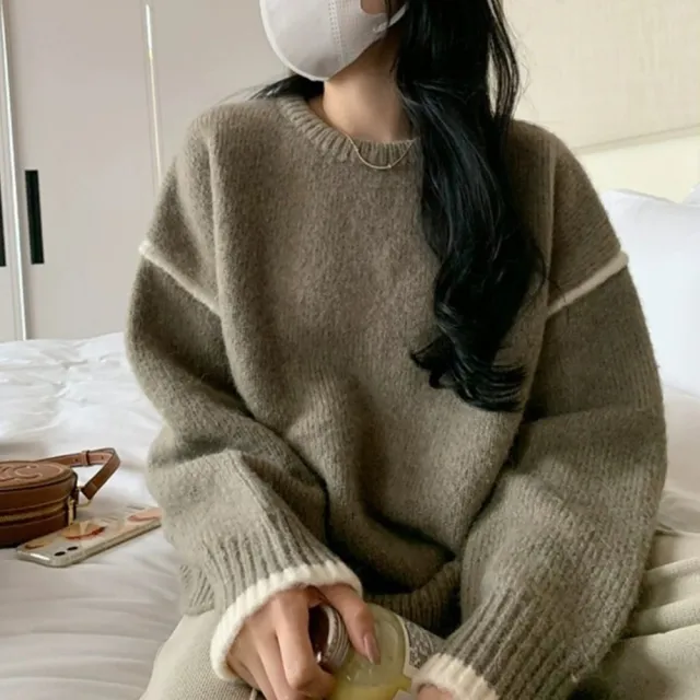 【D.studio】韓版圓領寬鬆落肩針織上衣(毛衣長袖上衣女裝衣服長袖t恤發熱衣保暖上衣冬裝內刷毛 W525)