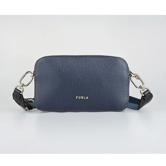 【FURLA 芙拉】FURLA Primula復古金屬拱門LOGO荔枝紋設計牛皮拉鍊斜背相機包(迷你/地中海深藍)