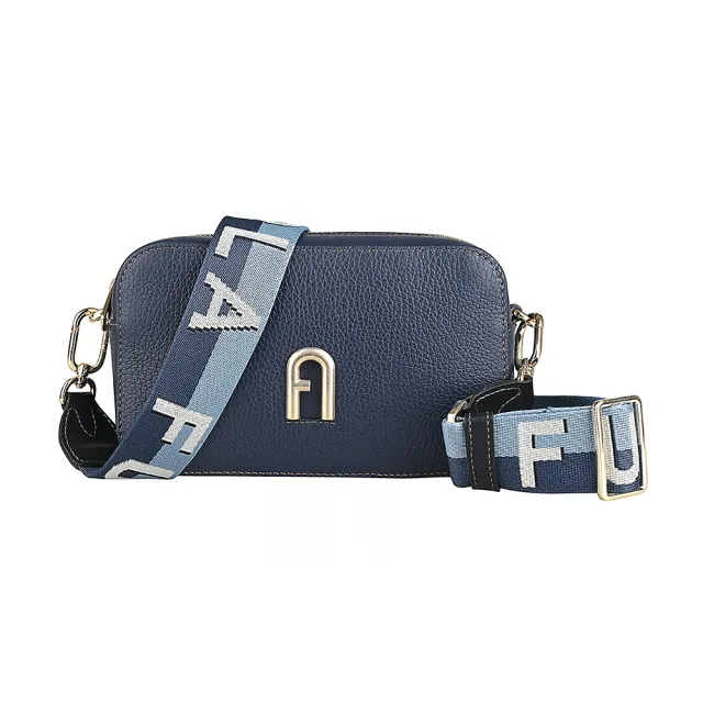 【FURLA 芙拉】FURLA Primula復古金屬拱門LOGO荔枝紋設計牛皮拉鍊斜背相機包(迷你/地中海深藍)