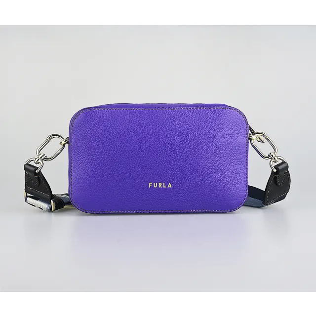 【FURLA 芙拉】FURLA Primula復古金屬拱門LOGO荔枝紋設計牛皮拉鍊斜背相機包(迷你/寶藍)