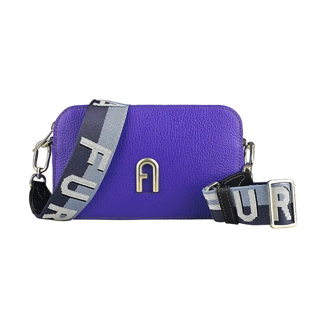 【FURLA 芙拉】FURLA Primula復古金屬拱門LOGO荔枝紋設計牛皮拉鍊斜背相機包(迷你/寶藍)