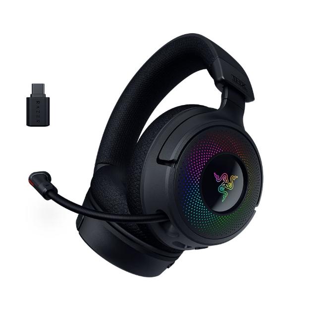 Razer 雷蛇 Kraken V4 電競頭戴式耳機,支援2.4GHz無線、藍芽5.3及有線USB-A連線,40mm驅動單體提供沉浸式音效,靈敏度98dB。內建高品質麥克風(靈敏度-42dBV/Pa,頻率100Hz-10kHz),適合電競遊戲及多媒體使用。相容Windows、Mac、Android、iOS、PlayStation、Nintendo Switch、Steam Deck等平臺,重量約350g,黑色設計,兩年保固,NCC認證CCAH24LP4250T4。 Razer雷蛇 Kraken V4