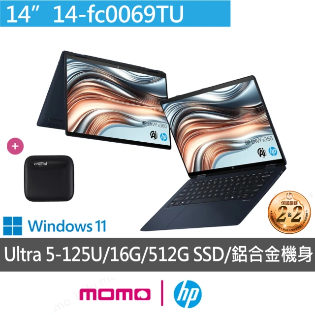 HP 惠普 獨家外接1TB SSD組★14吋Ultra 5-125U 翻轉觸控EVO AI筆電(ENVYx360 14-fc0069TU/16G/512G/W11)