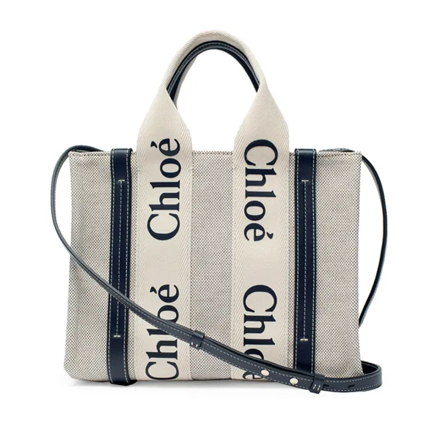 【Chloe’ 蔻依】CHC22AS397I2691J 經典小號Woody帆布皮革飾邊手提斜背購物包(深藍色)