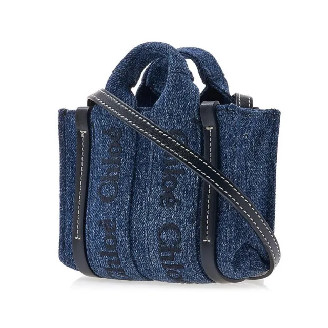 【Chloe’ 蔻依】CHC23UP237K3545D 經典WOODY系列帆布手提斜背MINI托特包(丹寧)