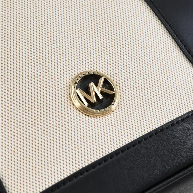 【Michael Kors】LUISA 簡約LOGO帆布皮革寬背帶手提包兩用包(黑)