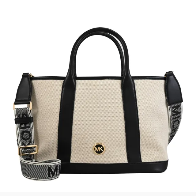 【Michael Kors】LUISA 簡約LOGO帆布皮革寬背帶手提包兩用包(黑)