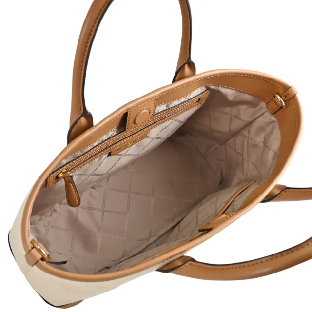 【Michael Kors】LUISA 簡約LOGO帆布皮革寬背帶手提包兩用包(咖邊)