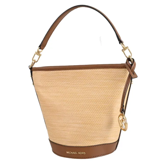 【Michael Kors】金屬LOGO吊飾草編拼接肩斜手提包水桶包兩用包(咖邊)
