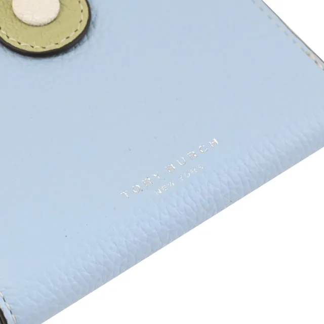 【TORY BURCH】簡約經典燙銀LOGO皮革扣式零錢短夾(淡藍)