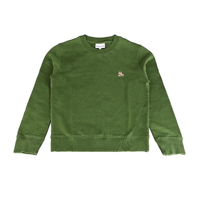 【Maison Kitsune】MAISON KITSUNE Chillax優雅休假狐狸刺繡LOGO布標設計純綿圓領長袖T恤(男款/軍綠)